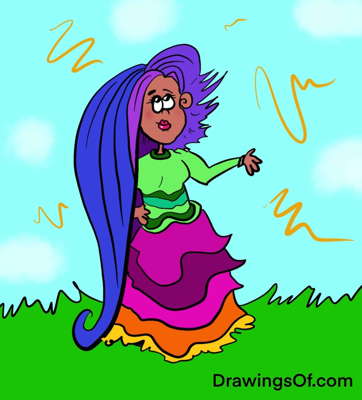 Cartoon of blue and purple hair: Long on one side, short on the other.
