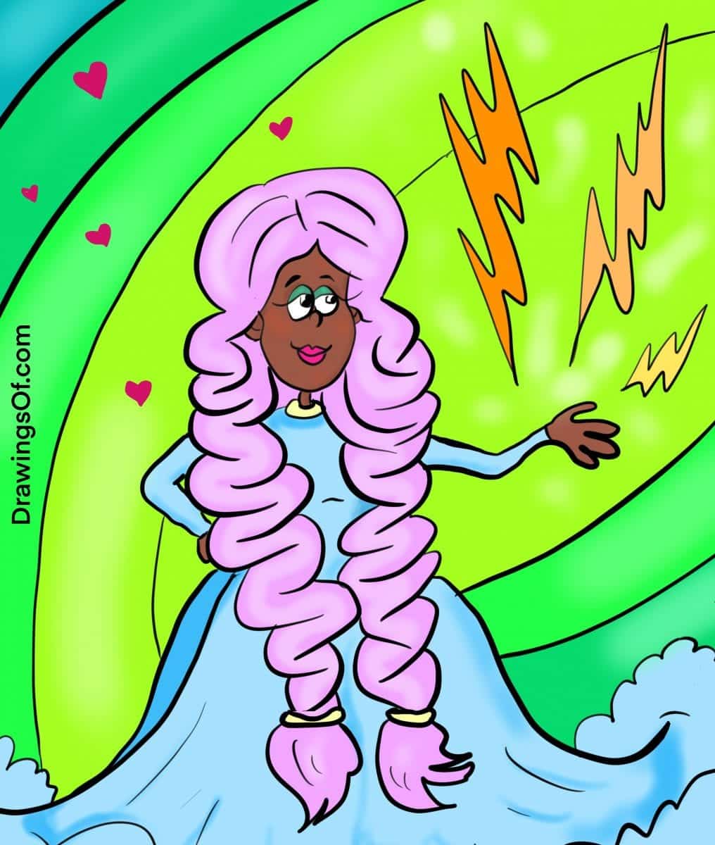 Pink hair magic woman cartoon drawing with blue dress